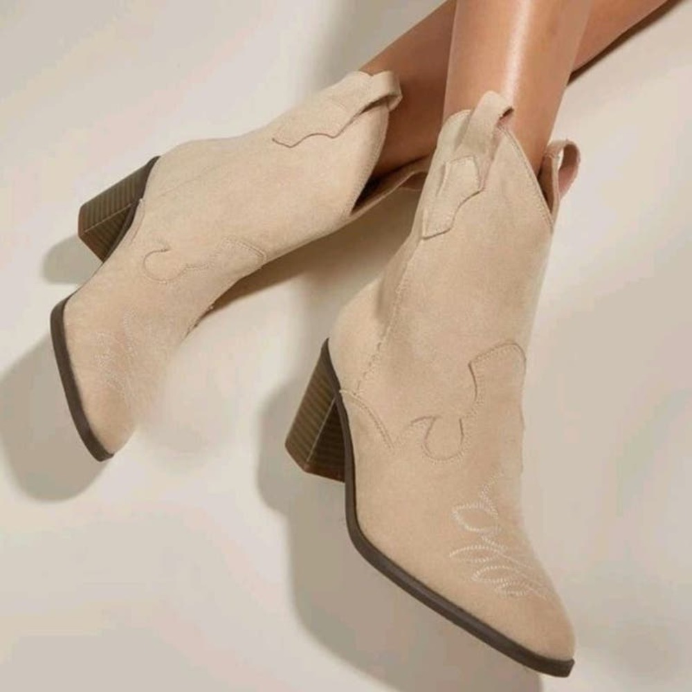SHIEN Women Faux Suede Embroidered Detail Chunky Heeled Western Boots